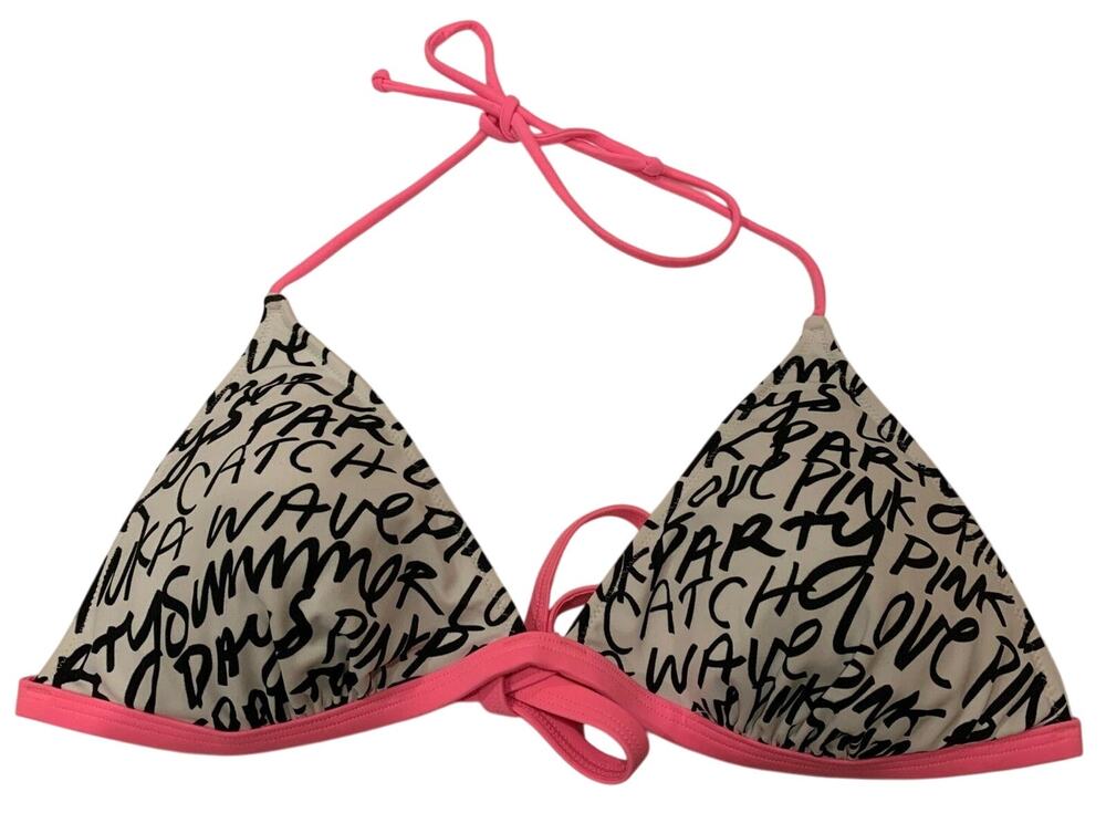 Victoria's Victoria Secret Bikini PINK Top Black & White letters pink Sz L - EUC